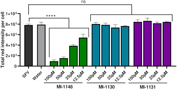 figure-results-3 Bar graph of cell red intensity vs. drug concentration; statistical analysis of MI series compounds.