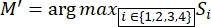 Optimization formula M'=argmax diagram; mathematical analysis of variables \(i \in \{1,2,3,4\}\).