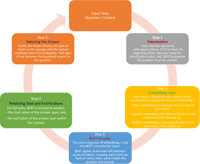 BERT process diagram: tokenization, embedding, encoding, predicting QA spans, selecting answers.