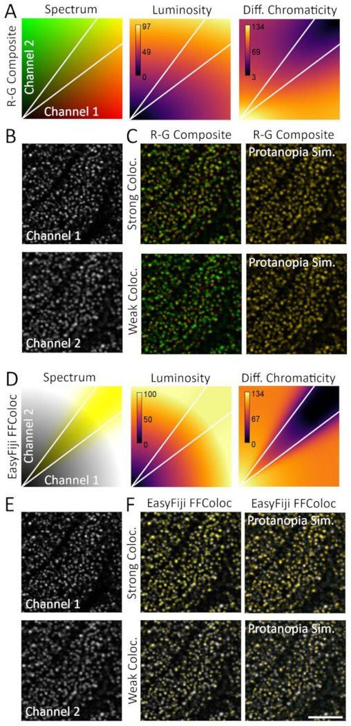 figure-results-3 Colocalization analysis diagram; spectral mapping, chromaticity; strong vs. weak signal channels.