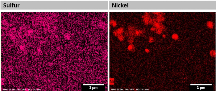 Sulfur and nickel distribution maps, microscopy images, material analysis, element localization.