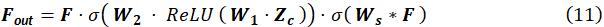 Neural network formula: F_out=F·σ(W₂·ReLU(W₁·Zc))·σ(Ws*F); mathematical equation.