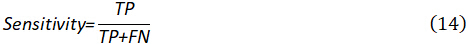 Sensitivity formula, TP/(TP+FN), equation for calculating sensitivity in diagnostics.
