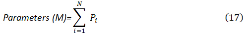 Parameters equation \(M = \sum_{i=1}^{N} P_i\), summation notation, mathematical formula.