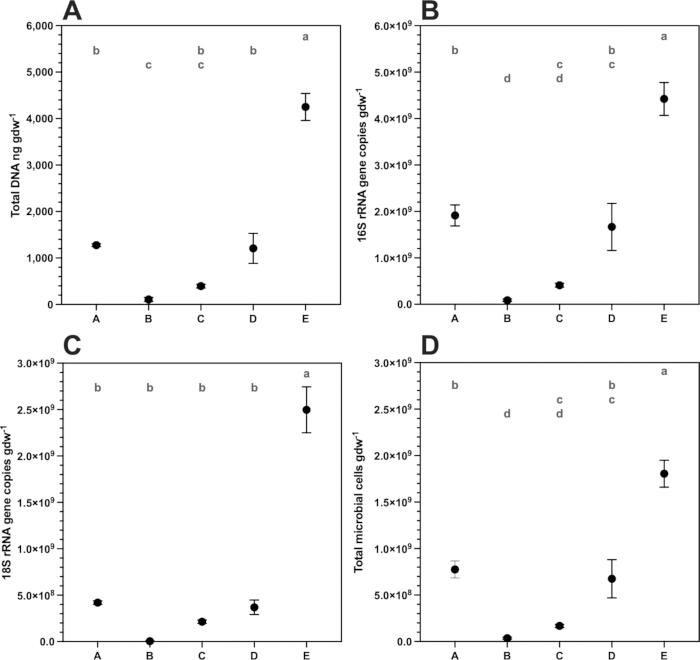 figure-results-3 DNA and RNA quantification graphs; A-D panels; microbial analysis; gene copies, microbial cells.