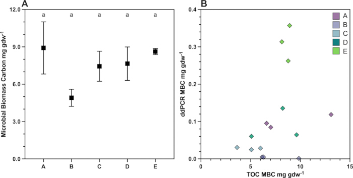 figure-results-4 Microbial biomass carbon data; chart A shows variance, chart B plots ddPCR against TOC results.