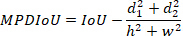 Mathematical formula for MPDIoU, showcasing IoU adjustment with distances and dimensions.