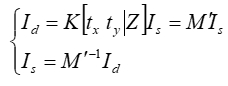 Mathematical equations of image processing, equations: Id=K[tx,ty|Z]Is=MTIs, Is=M'^-1Id.