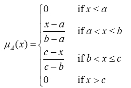 Fuzzy logic membership function formula diagram; parameterized by a, b, c, defines μA(x).