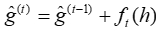 Gradient boosting equation: \( \hat{g}^{(t)} = \hat{g}^{(t-1)} + f_i(h) \); iterative method.