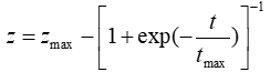 Exponential decay equation; formula: z=zmax[1+exp(-t/tmax)]^(-1); mathematical expression.