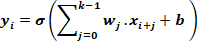Neural network equation, y<sub>i</sub>=σ(Σw<sub>j</sub>x<sub>i+j</sub>+b), formula for weighted sum.