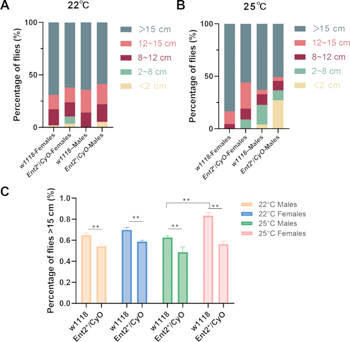 figure-results-5 Fly locomotion analysis; bar charts; % traveled distance at 22°C/25°C; genotype comparisons; study.