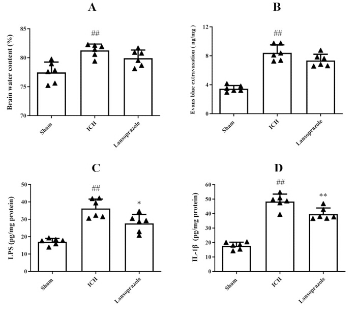 Bar graphs comparing brain water content, Evans blue extravasation, LPS, and IL-1β levels in mice.