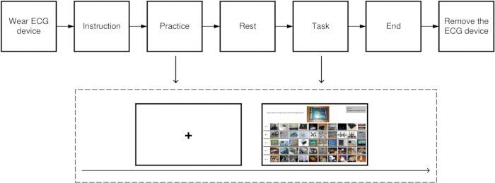 figure-introduction-2 ECG experiment flowchart showing process steps: wear device, task, end; monitoring heart activity.