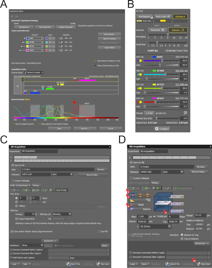 Laser spectral configuration for fluorescence microscopy setup; interface illustrates excitation channels, spectral graph, and acquisition settings.