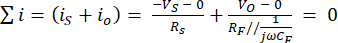 Static equilibrium equation Σi=(iₛ+iₒ)=(-Vₛ/Rₛ)+(Vₒ/Rf)=0, analysis schematic.