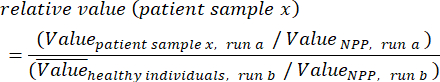 Equation for relative value calculation; fraction for patient sample analysis; mathematical formula.