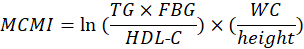 figure-protocol-1 MCMI formula; logarithmic calculation; TG, FBG, HDL-C, WC variables; health metric analysis.