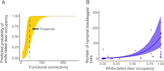 Functional connectivity and deer occupancy graphs; threshold, tick count correlation in ecological study.