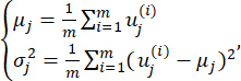 Statistical analysis formula; mean (μ), variance (σ²); mathematical equations for data processing.
