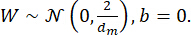 Weight initialization formula, \(W \sim \mathcal{N}(0, \frac{2}{d_m}), b=0\), statistical method.