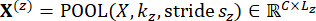 Pooling layer equation, X(z)=POOL(X,k,stride)∈ℝ^(C×Lz), diagram, neural network process.