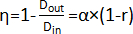 Efficiency equation η=1-(D_out/D_in)=αx(1-r), formula for energy conversion analysis.