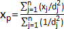 Weighted average formula, Σ(xj/dj²) over Σ(1/dj²), for data analysis application.