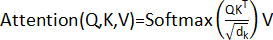 Attention mechanism formula, Attention(Q,K,V)=Softmax(QKᵀ/√dₖ)V, diagram for deep learning.