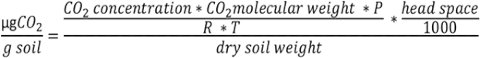 Soil CO2 calculation formula; μgCO2/g soil related to concentration, pressure, and temperature.