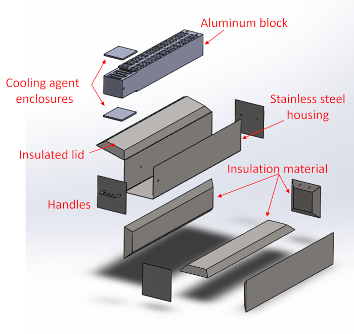 Cooling chamber assembly diagram with aluminum block, insulation, and stainless steel housing.