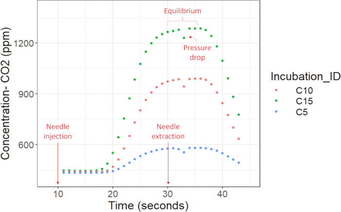 figure-results-5 CO2 concentration vs. time graph; needle injection/extraction; shows equilibrium, pressure drop.