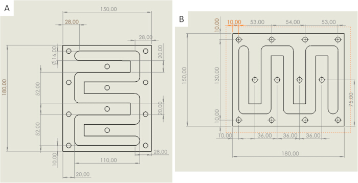 Fluid dynamics diagram with microchannel design, dimensions labeled; engineering study.