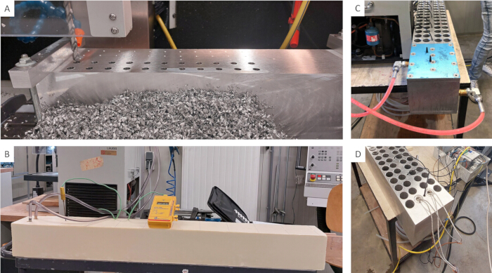 Metal machining process; CNC setup, surface drilling, data monitoring, structural test.