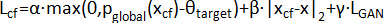 Cost function equation, L_cf=α·max(0,p_global(x_cf-θ_target))+β·‖x_cf-x_l‖_2+y'·L_GAN.