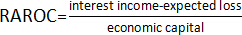 RAROC formula; interest income minus expected loss over economic capital; financial analysis equation.