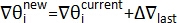 Gradient descent adjustment equation, ∇θ_new = ∇θ_current + Δ∇_last, formula in optimization.