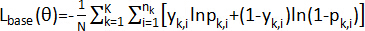 Statistical formula for likelihood estimation, equation with logarithmic terms, educational use.
