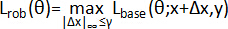 Robust optimization equation L(θ)=max L_base(θ;x+Δx, y) for machine learning reliability.