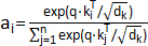 alt="Attention mechanism formula, ai=exp(q*ki/√dk) in neural network diagram"