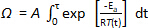 Chemical kinetics equation, Ω=A∫exp(-Ea/RT(t))dt, for reaction rate analysis.