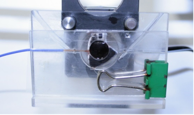Optical measurement setup with fiber optics; spectroscopy equipment; data for emission analysis.