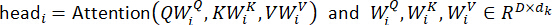 Attention mechanism formula; Q, K, V matrices; tensor dimensions RDxdK; mathematical notation.