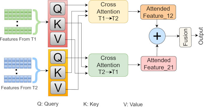 Cross-attention diagram, features T1/T2 to attended features via QKV mechanism for data fusion output.