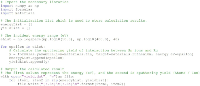 figure-protocol-10 Python code snippet calculating sputtering yield of Sn ions on Ru; data output to file.
