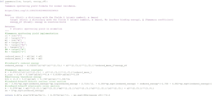 figure-protocol-11 Yamamura sputtering yield formulas for normal incidence; code snippet, energy eV, atomic calculations.