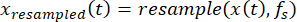 Signal resampling equation x_resampled(t)=resample(x(t),fs) for time-domain analysis.