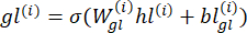 Mathematical equation for gated recurrent unit process: gl(i) = σ(Wgl(i)hl(i) + bgl(i)).
