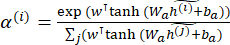Attention mechanism formula, α(i) equation in neural network research, illustrating soft alignment.
